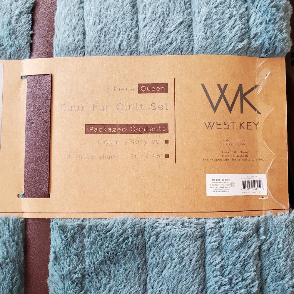 3 Pc West Key Deep Teal Faux Fur Queen Quilt Set